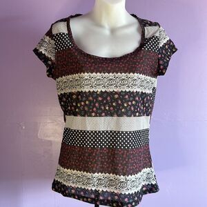 Copper Key Women's Black Floral Short Sleeve Blouse Size Medium M